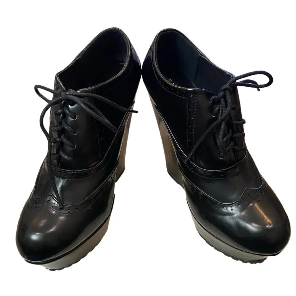 BAMBOO Booth Black Brogue Platform Wedge Oxfords 38.5  8.5